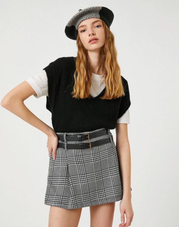 Short Skirt Double Belt Detailed Wide Pleated